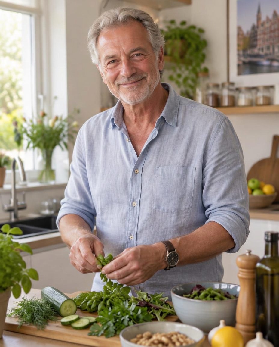 Portret van Machiel Broekman in de keuken